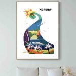 Affiche vintage de Norvège avec paysage côtier et soleil.