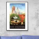 Affiche vintage de Ribe, Danemark avec église et cigognes dans un style artistique.