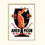 Affiche vintage Amer Picon, illustration d'un barman avec verres et bouteille, style rétro.