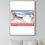 Affiche vintage représentant Engelberg en hiver avec un skieur et un cheval dans un paysage enneigé.