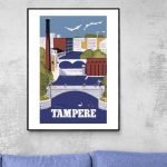 Affiche vintage de Tampere, ville finlandaise avec rivière, ponts et bâtiments industriels. Style ré.