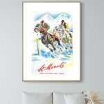 Affiche vintage de ski à Engelberg, Suisse, avec skieurs en action dans un paysage enneigé.