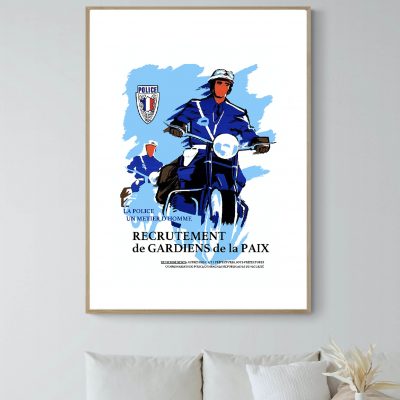 Affiche vintage police recrutement paix, illustrant des agents en moto pour la sécurité et la paix p.