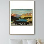 Affiche vintage représentant le paysage d'Engelberg, Suisse avec montagnes et lac.
