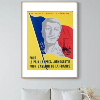 Affiche vintage du Parti Communiste Français avec portrait et drapeau.