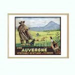Affiche vintage de l'Auvergne mettant en valeur la gentiane et le paysage montagneux.