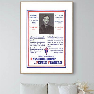 Affiche vintage de la Résistance française, datant de 1940, avec portrait et message patriotique.