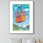 Affiche vintage représentant la station d'Engelberg en Suisse avec télécabine et montagnes.