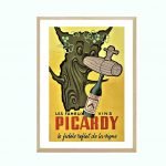 Affiche vintage Picardy vin, illustration d'une vigne avec un tonneau et une bouteille de vin Picard.