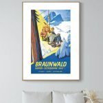 Affiche vintage Suisse Engelberg avec scène de montagne enneigée.