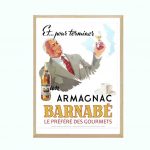 Affiche vintage Armagnac Barnabé avec homme dégustant un verre de spiritueux.