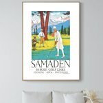 Affiche vintage représentant un paysage suisse à Engelberg, avec montagnes, arbres et golfeurs. Parf.