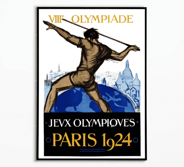 Affiche vintage des Jeux Olympiques de Paris 1924, illustrant un athlète en action avec un fond de m.