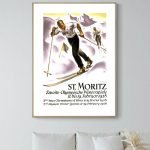 Affiche vintage de ski avec skieur en action dans un paysage enneigé.