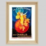 Affiche vintage "La Chablisienne" avec une femme en robe jaune et un verre de vin, promotion authent.