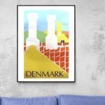 Affiche vintage colorée représentant le Danemark avec des bâtiments stylisés.
