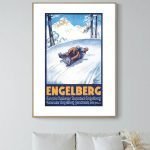 Affiche vintage représentant un skieur à Engelberg, Suisse, avec montagnes en arrière-plan.