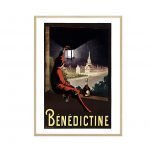 Affiche vintage Benedictine avec femme regardant la ville depuis une fenêtre.