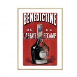 Affiche vintage Benedictine Fécamp avec bouteille emblématique.