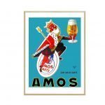 Affiche vintage Amos Biere avec roi lion et verre de bière, style rétro.