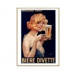 Affiche vintage de bière Divette avec une femme vintage tenant une bière blonde. Parfait pour décora.