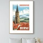 Affiche vintage de Berne avec la Jungfrau en fond, style rétro et couleurs vives.