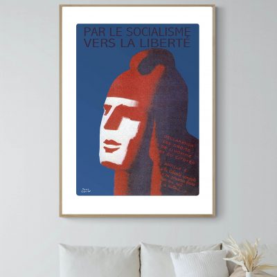 Affiche vintage avec message sur le socialisme et la liberté, illustrée d'une figure stylisée en rou.