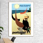 Affiche vintage Portugal Lisbonne, illustration colorée d'une scène côtière avec un arbre, un bateau.