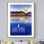 Affiche vintage de style européen avec paysage et soleil, évoquant la région viticole française.