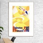 Affiche vintage de la Fédération Française de Ski avec skieurs en action.