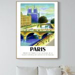 Affiche vintage de Paris avec ponts et Seine, style artistique coloré, idéal pour décoration murale.