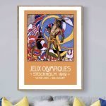 Affiche vintage représentant les Jeux Olympiques de Stockholm 1912, avec athlète et drapeaux colorés.