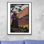 Rebild Park affiche vintage, illustration colorée d'une femme avec des fleurs, paysage danois.