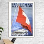 Affiche vintage du Lac Léman avec drapeau suisse et bateau historique.