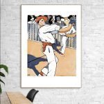 Affiche vintage représentant des danseurs traditionnels en costume blanc et orange.