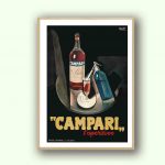 Affiche vintage Campari avec bouteille et verre de cocktail, style rétro.