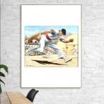 Affiche vintage de baseball avec joueur en action.