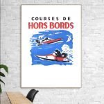 Affiche vintage promotionnelle pour courses de hors-bords, style rétro, décoration murale nautique.