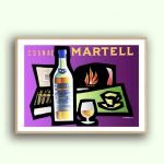 Affiche vintage Cognac Martell avec bouteille, verre et éléments décoratifs.