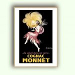 Affiche vintage Cognac Monnet avec une femme élégante et un verre de cognac, style artistique rétro.
