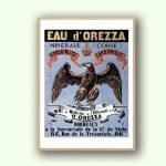 Affiche vintage Eau d'Orezza Corse, minérale et carbonique, avec aigle emblématique.