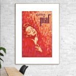 Affiche vintage Edith Piaf, style artistique coloré, hommage à la chanteuse française.