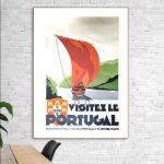 Affiche vintage de Lisbonne avec voilier à voile rouge et paysages verts.