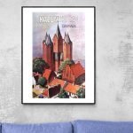 Affiche vintage de la ville de Kalundborg, Danemark, avec architecture médiévale.