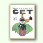 Affiche vintage Get Pippermint avec bouteille de sirop et femme en position de repos.
