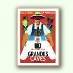 Affiche vintage sur la dégustation de vins en caves de Lyon, mettant en avant la tradition viticole.