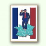 Affiche vintage représentant un homme avec un verre de vin, décorée du drapeau français.