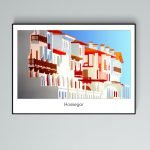 Affiche vintage de Hossegor, illustrant l'architecture locale avec couleurs vives et détails artisti.