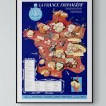 Affiche vintage de la France fromagère, illustrant une variété de fromages régionaux.