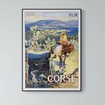 Affiche vintage d'Ajaccio en Corse avec paysage et femme à cheval.